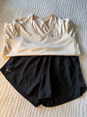 Set - Under Armour Pink V-Neck Tee with Black Athletic Shorts